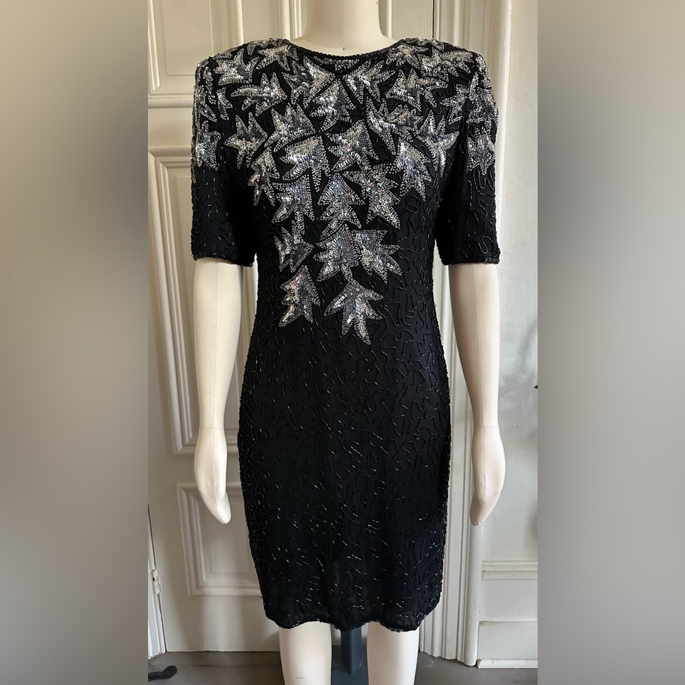 Black Beaded + Sequin Silk Evening Dress